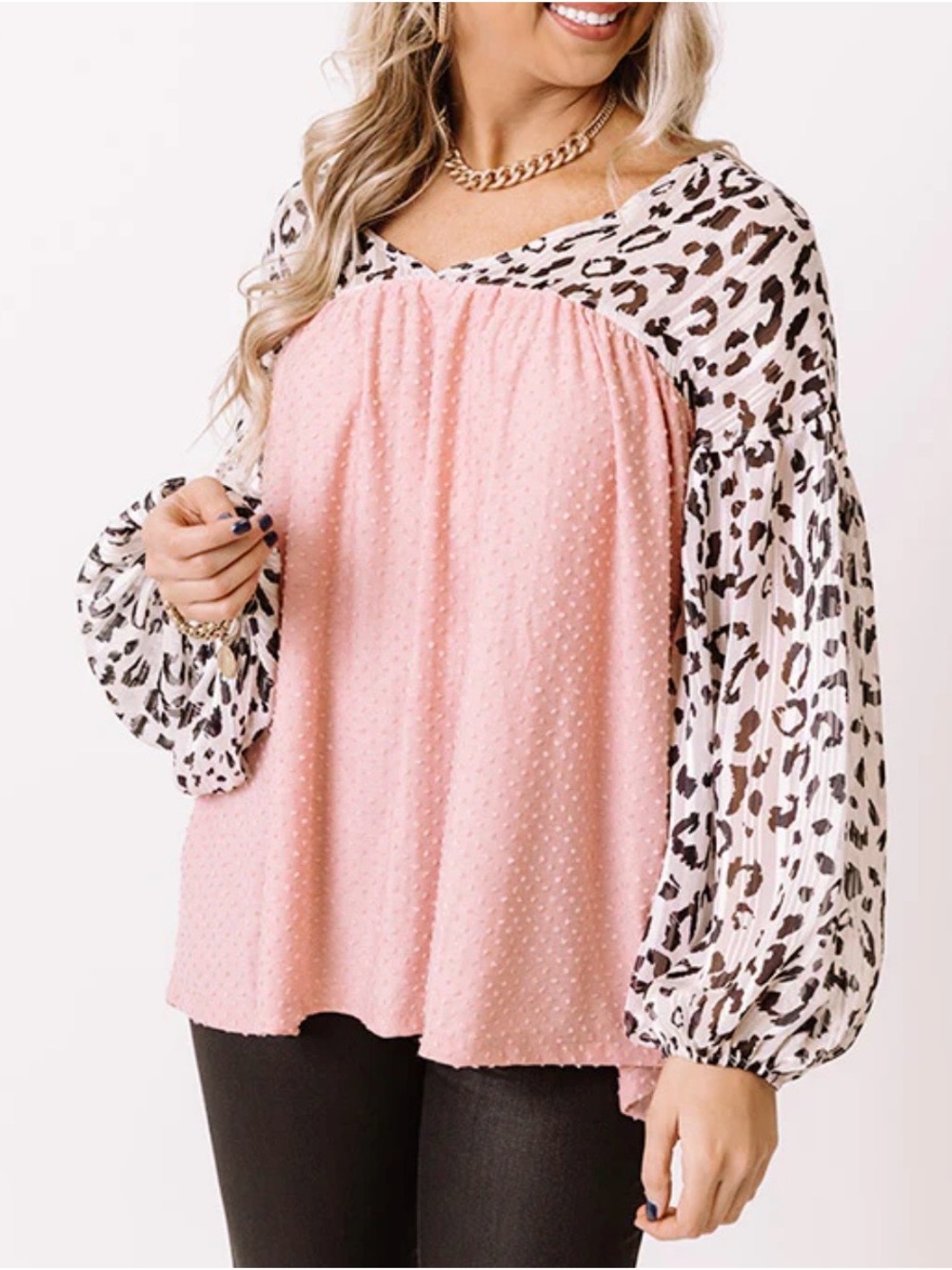 Impressions Boutique ODDY Pink Textured Blouse with Leopard-Print Sleeves